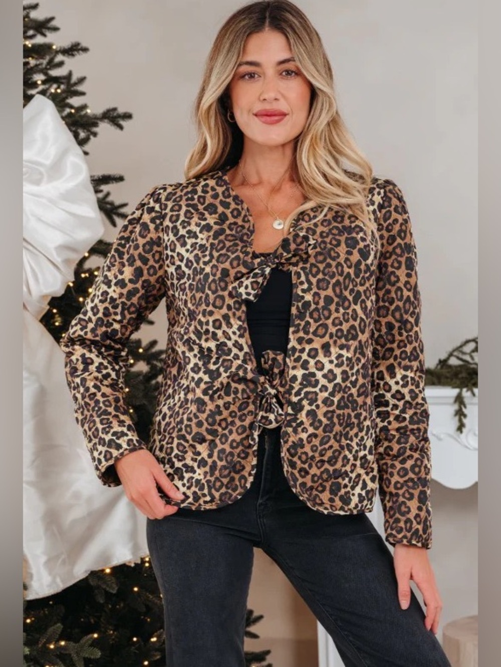 NEW Boutique Quilted Leopard Print Tie-Front Jacket Medium Brown Tan Trendy Bows - Picture 2 of 8